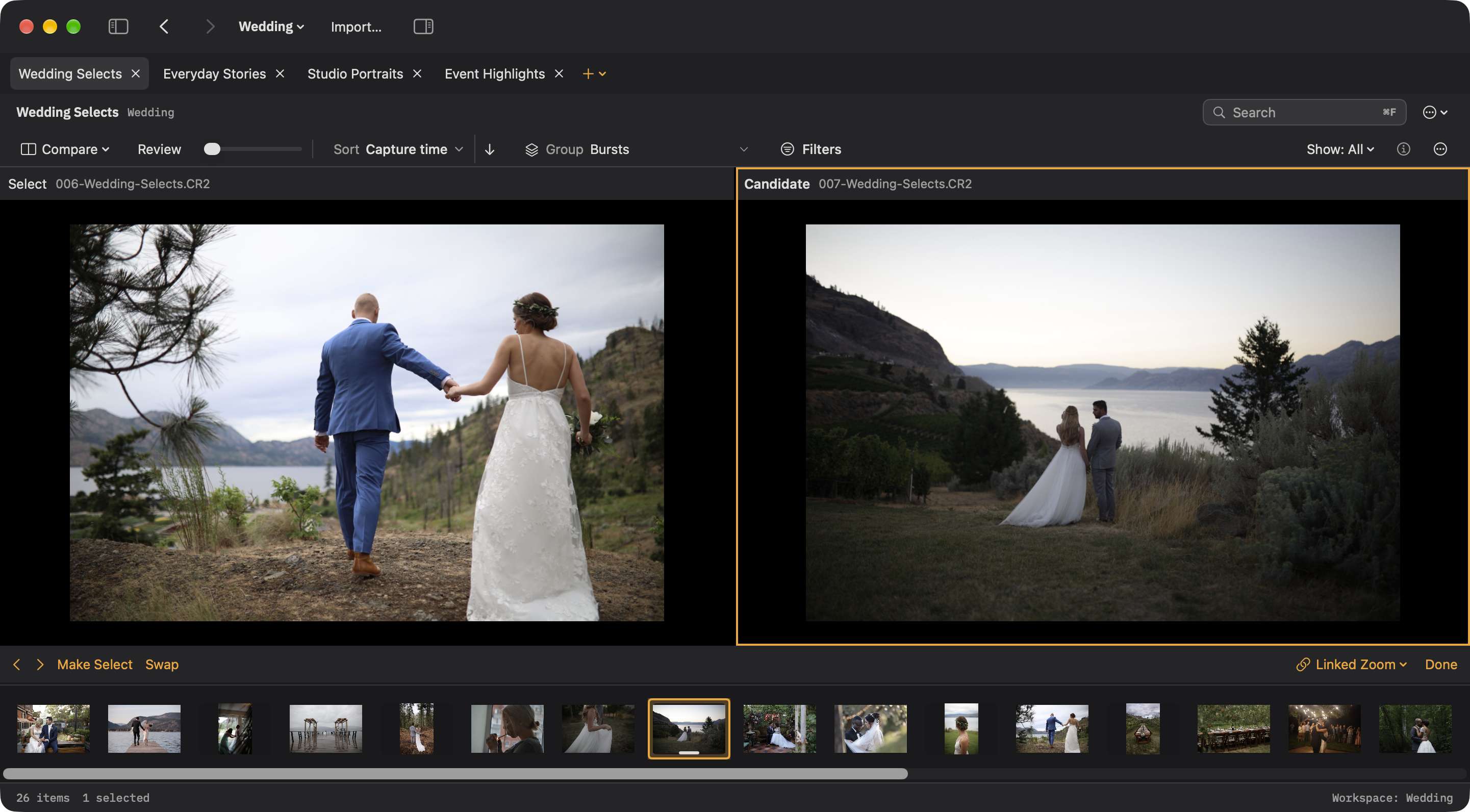 Two wedding photographs in Select and Candidate comparison