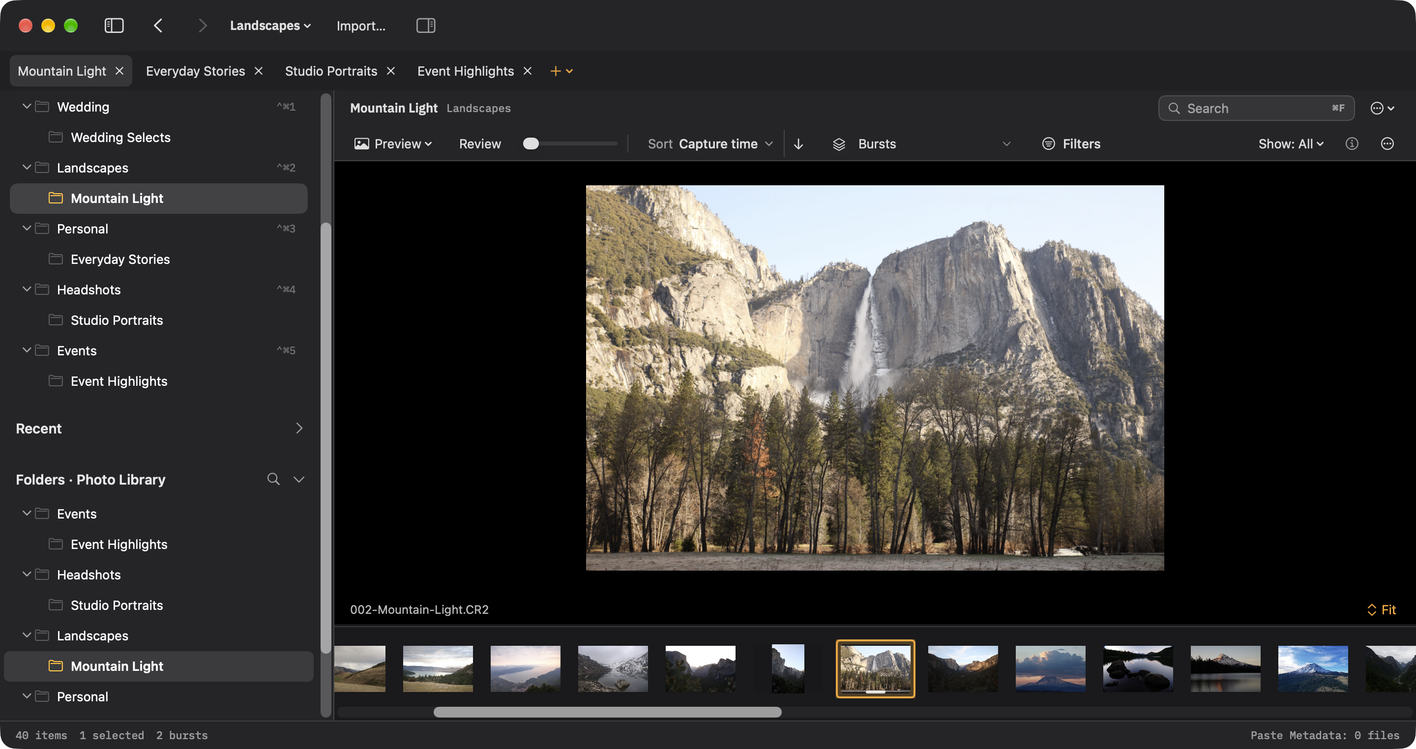 Landscape RAW photograph in a large Ingest preview