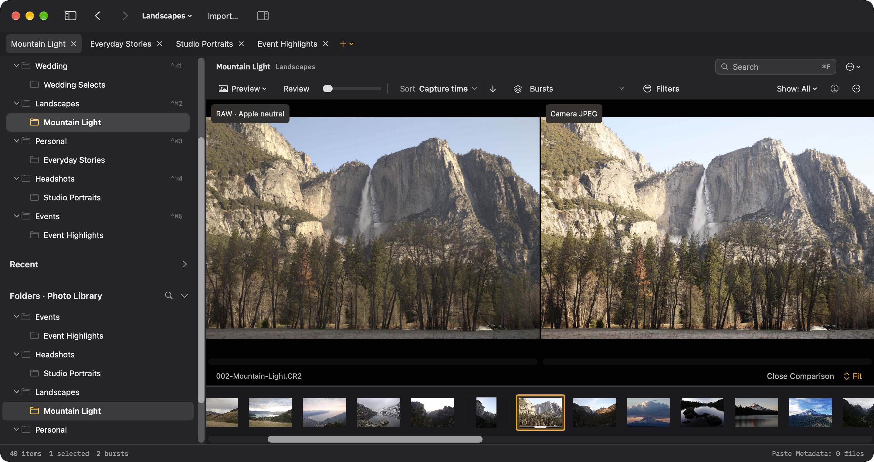 Ingest comparing a Canon EOS 6D RAW rendering with the embedded camera JPEG from the same CR2 file